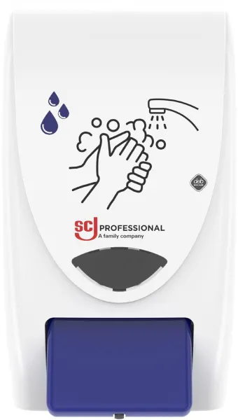 Deb Stoko Cleanse Light dispenser for kremsepe m. renseeffekt, hvit plast m. blå trykknapp, 2 L